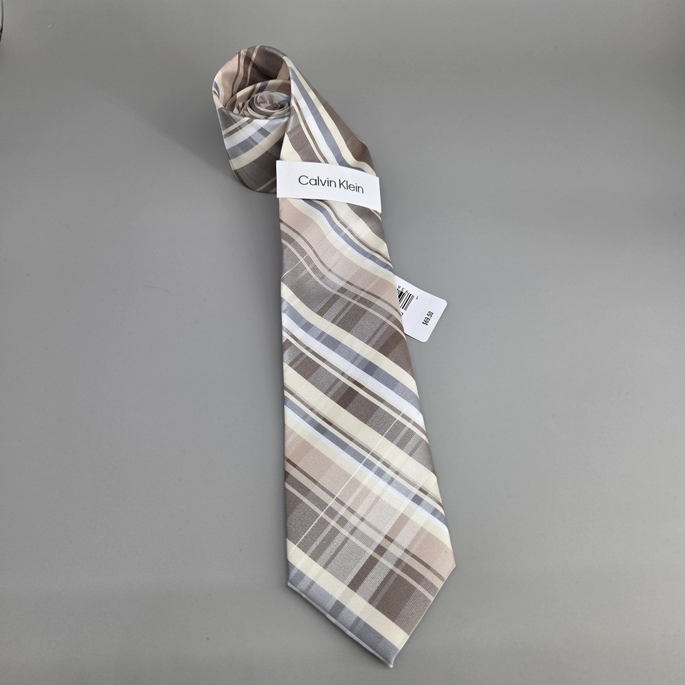 Calvin Klein Necktie Men OS Tan Lanodn Plaid Formal Business Professional New
